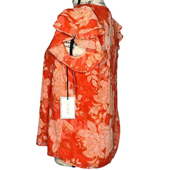 1.State (S) Floral Ruffle Short Sleeve V-Neck Chiffon Blouse Top Fully Lined - Picture 3 of 14